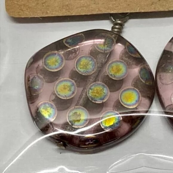 Pink Iridescent Halographic Polka Dot Flat Round Hand Blown Art Glass Earrings - Picture 11 of 15